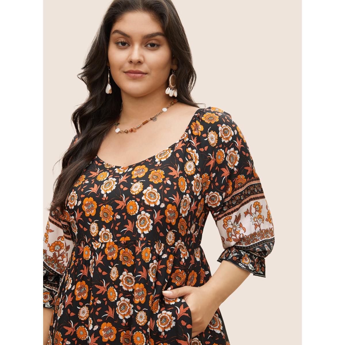 Plus Size Bandana Print Square Neck Pocket Ruffle Sleeve Dress Black Women Resort Non Square Neck Elbow-length sleeve Curvy Midi Dress BloomChic 14-16/1X Product Image
