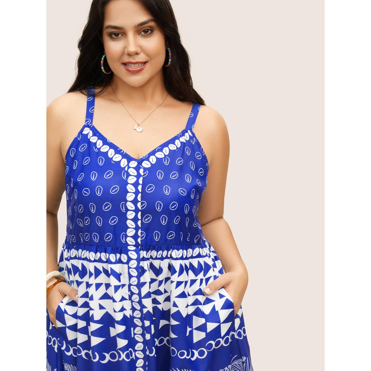 Plus Size Tropical Print Adjustable Straps Cami Dress Blue Women Resort Non V-neck Sleeveless Curvy BloomChic 12/L Product Image
