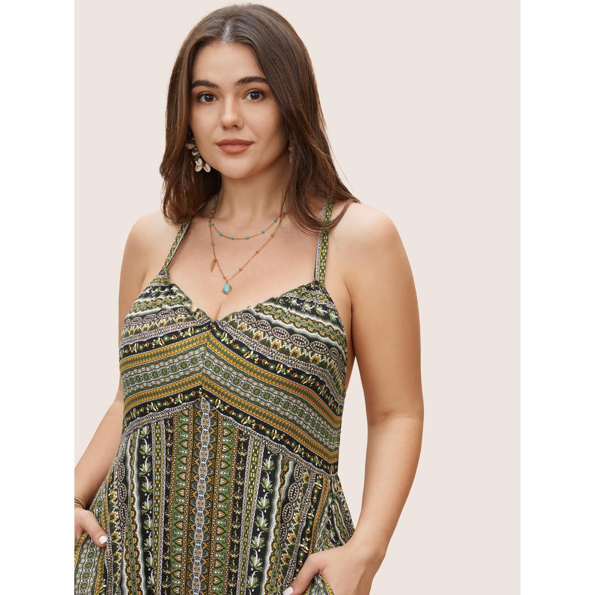 Plus Size Boho Print Elastic Waist Split Hem Cami Dress Truegreen Women Resort Non V-neck Sleeveless Curvy BloomChic 18-20/2X Product Image