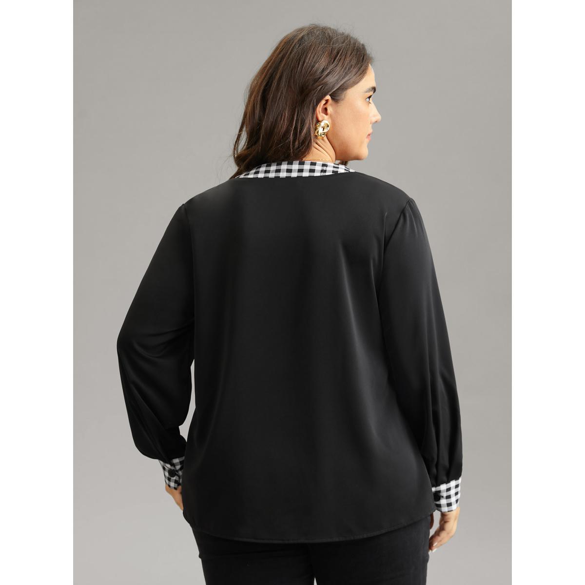 Plus Size Black Checkered Patchwork Asymmetrical Neck Button Detail Blouse Women Office Long Sleeve Asymmetrical Neck Office Blouses BloomChic 22-24/3X Product Image