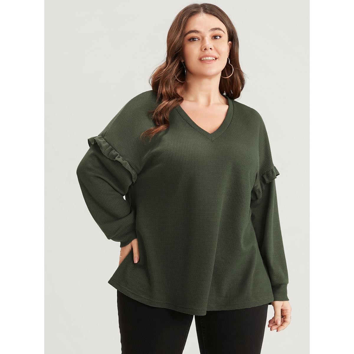 Plus Size Solid V Neck Ruffles Trim Long Tee Sage Women Elegant Ruffles Plain V-neck Dailywear T-shirts BloomChic 22-24/3X Product Image