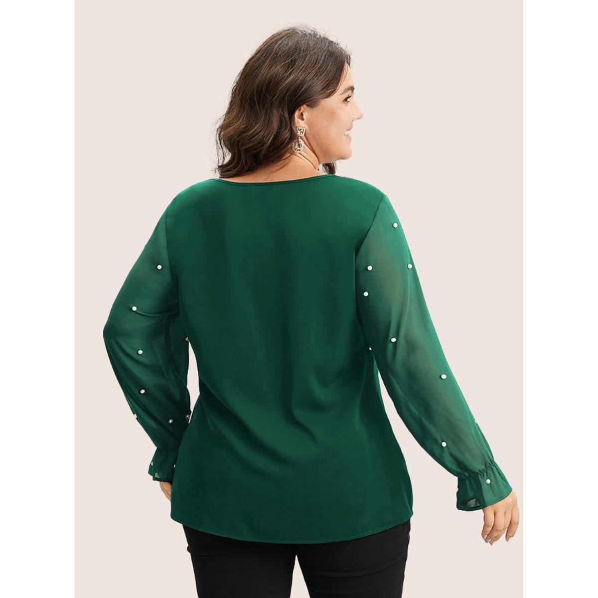 Plus Size DarkGreen Pearl Beaded Mesh Patchwork Ruffles Blouse Women Timeless Long Sleeve V-neck Elegant Blouses BloomChic 10/M Product Image