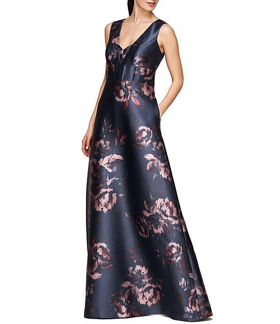 Kay Unger Floral Mikado V-Neck Sleeveless Pin Tuck Side Pocket Gown Product Image