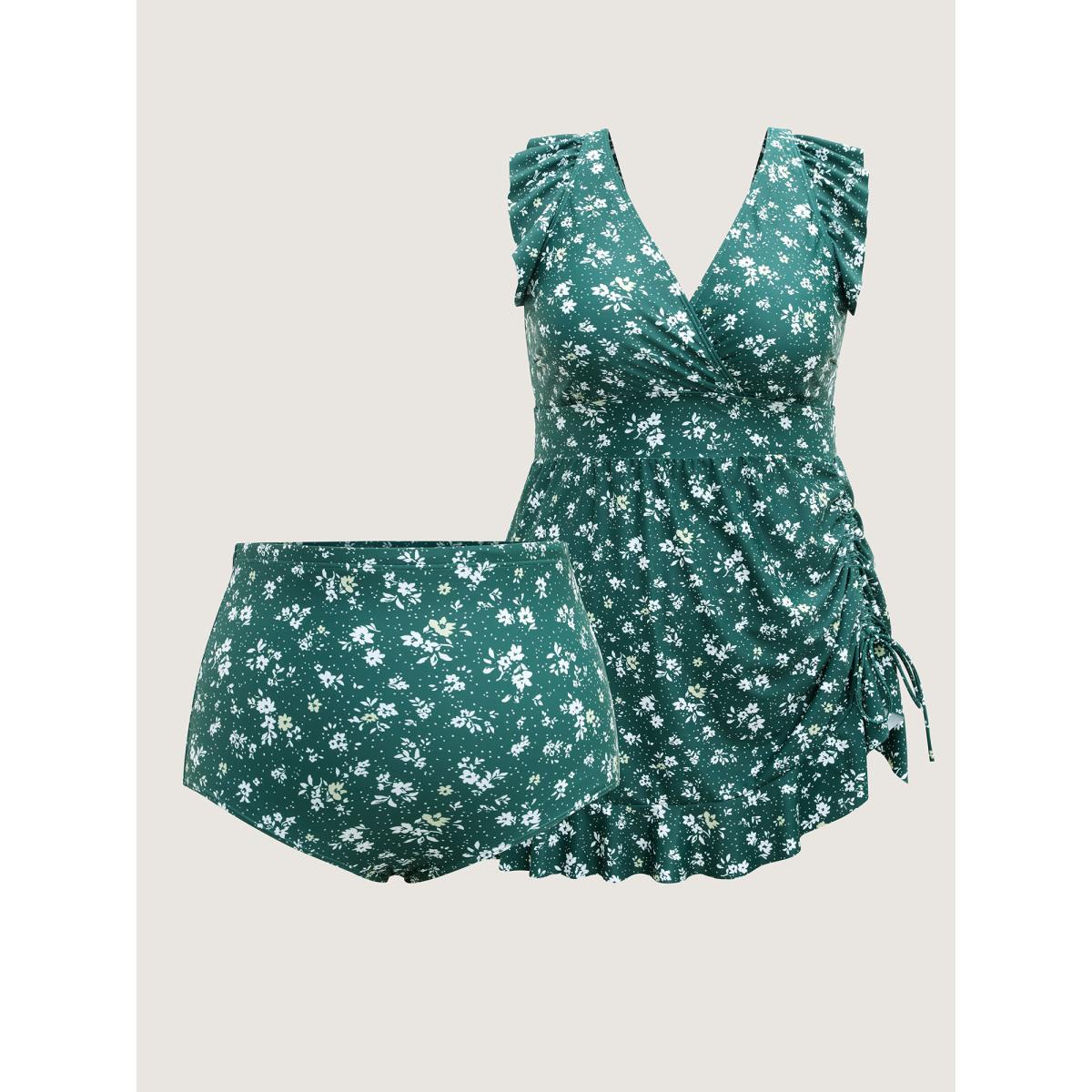 Plus Size Ditsy Floral Print Drawstring Swim Dress Women's Swimwear DarkGreen Resort Bodycon Overlap Collar High stretch Curve Swim Dresses BloomChic 10/M Product Image