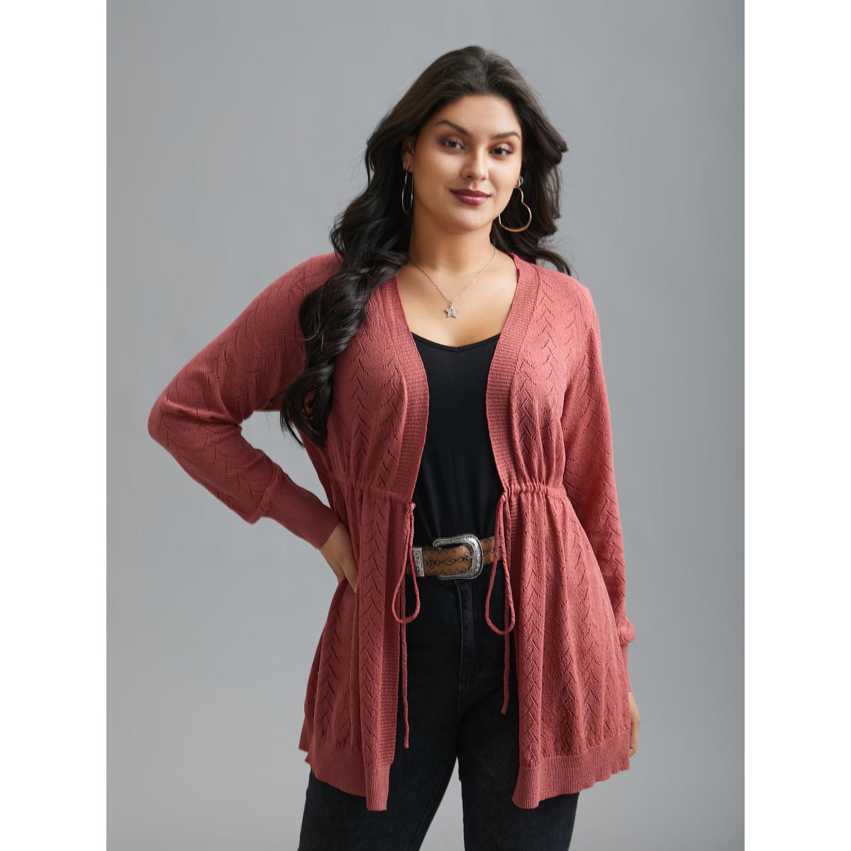 Plus Size Textured Waist Tie Fitted Knit Cardigan Russet Women Casual Loose Long Sleeve Everyday Cardigans BloomChic 22-24/3X Product Image