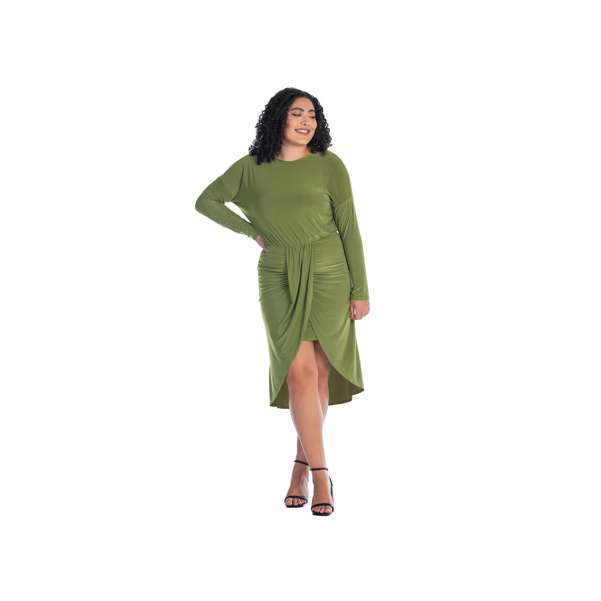 Plus Size 24Seven Comfort Apparel Long Sleeve Tulip Skirt Knee Length Dress, Women's, Size: 3XL, Avocado Product Image
