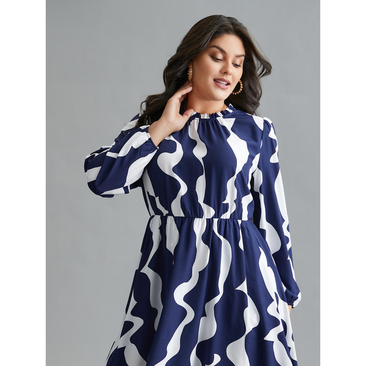 Plus Size Round Neck Color Contrast Frill Trim Dress Navy Women Elegant Frill Trim Round Neck Long Sleeve Curvy BloomChic 18-20/2X Product Image