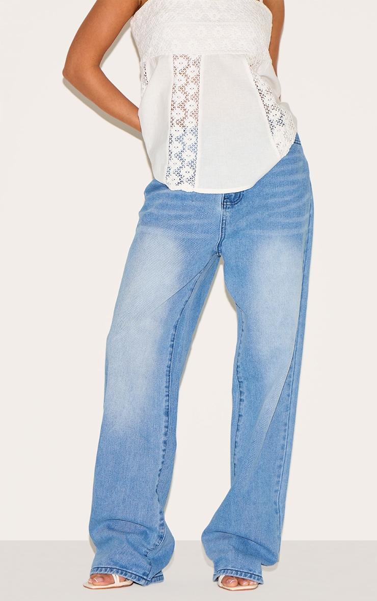 Petite Blue Denim Mid Rise Invisible Waistband Wide Leg Jeans Product Image