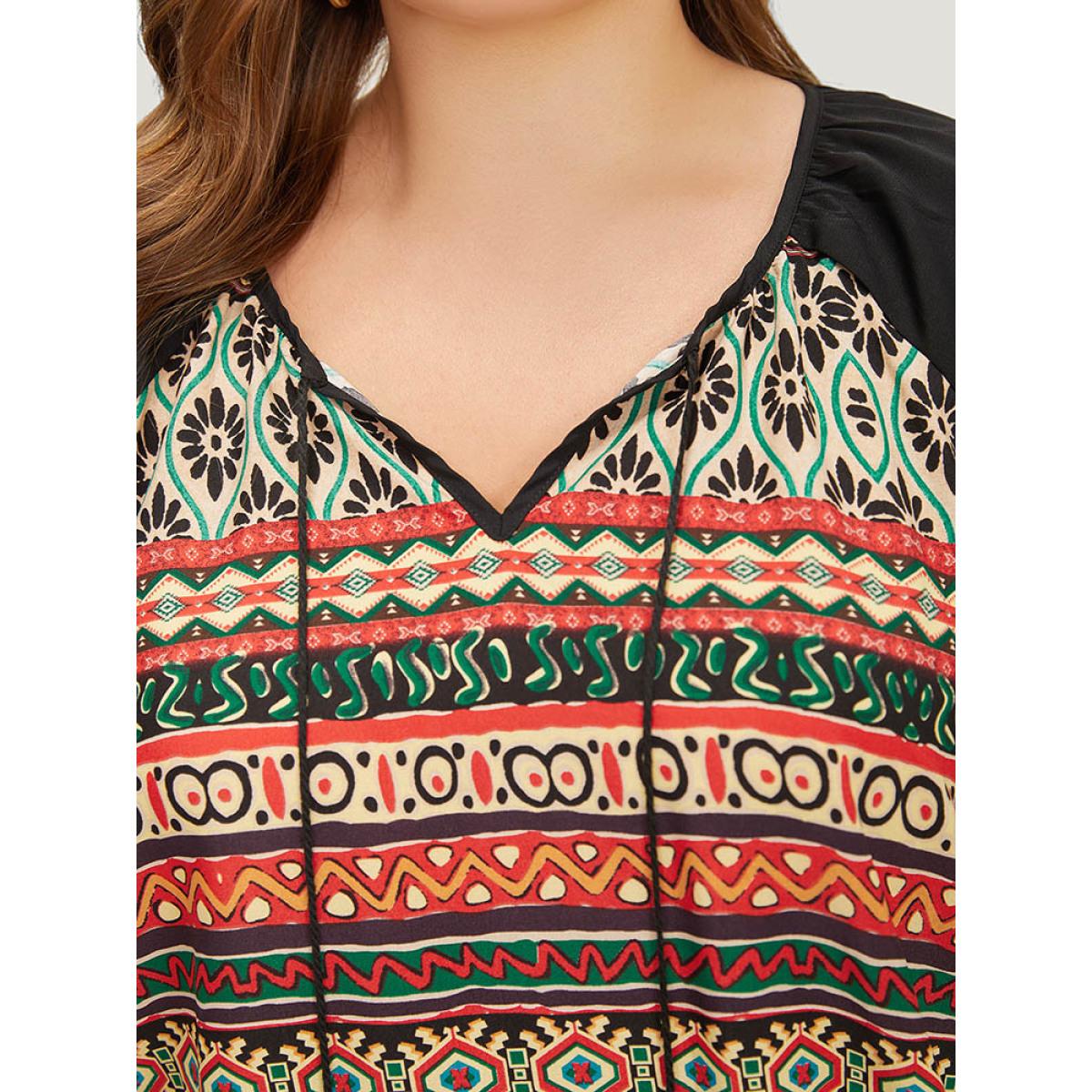 Plus Size Multicolor Moroccan Print Raglan Sleeve Tassels Tie Neck Blouse Women Vacation Short sleeve Tie Neck Dailywear Blouses BloomChic 22-24/3X Product Image
