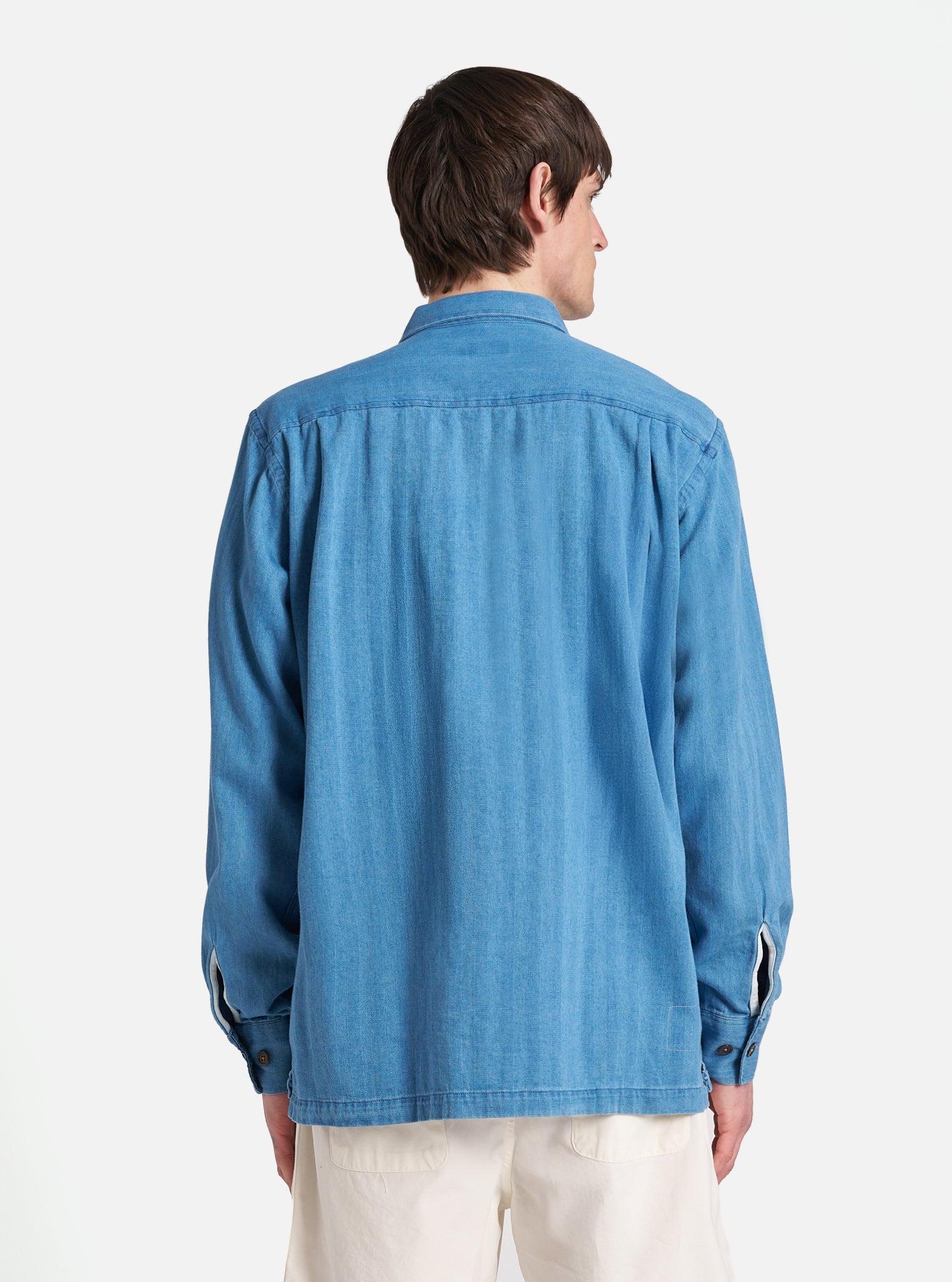 Universal Works L/S Utility Shirt in Washed Indigo Herringbone Denim Product Image