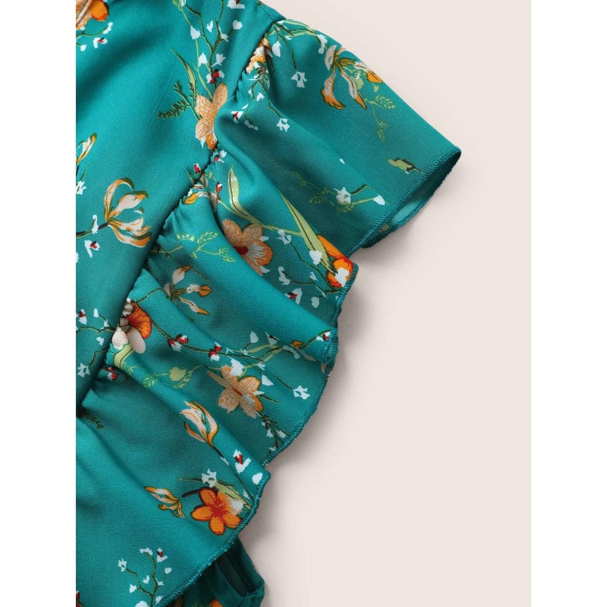 Plus Size Ditsy Floral Flutter Trim Pocket Layered Hem Dress Teal Women Elegant Non Overlap Collar Cap Sleeve Curvy Midi Dress BloomChic 30/6X Product Image