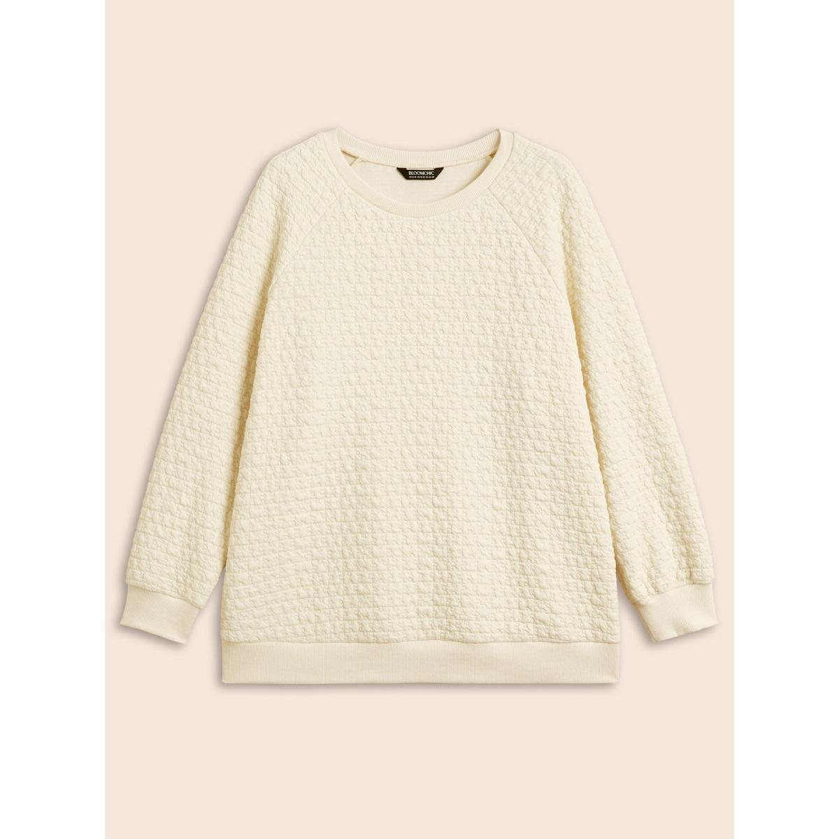 Plus Size Plain Textured Raglan Sleeve Sweatshirt Women Beige Casual Texture Loose Round Neck Everyday Sweatshirts BloomChic 14-16/1X Product Image