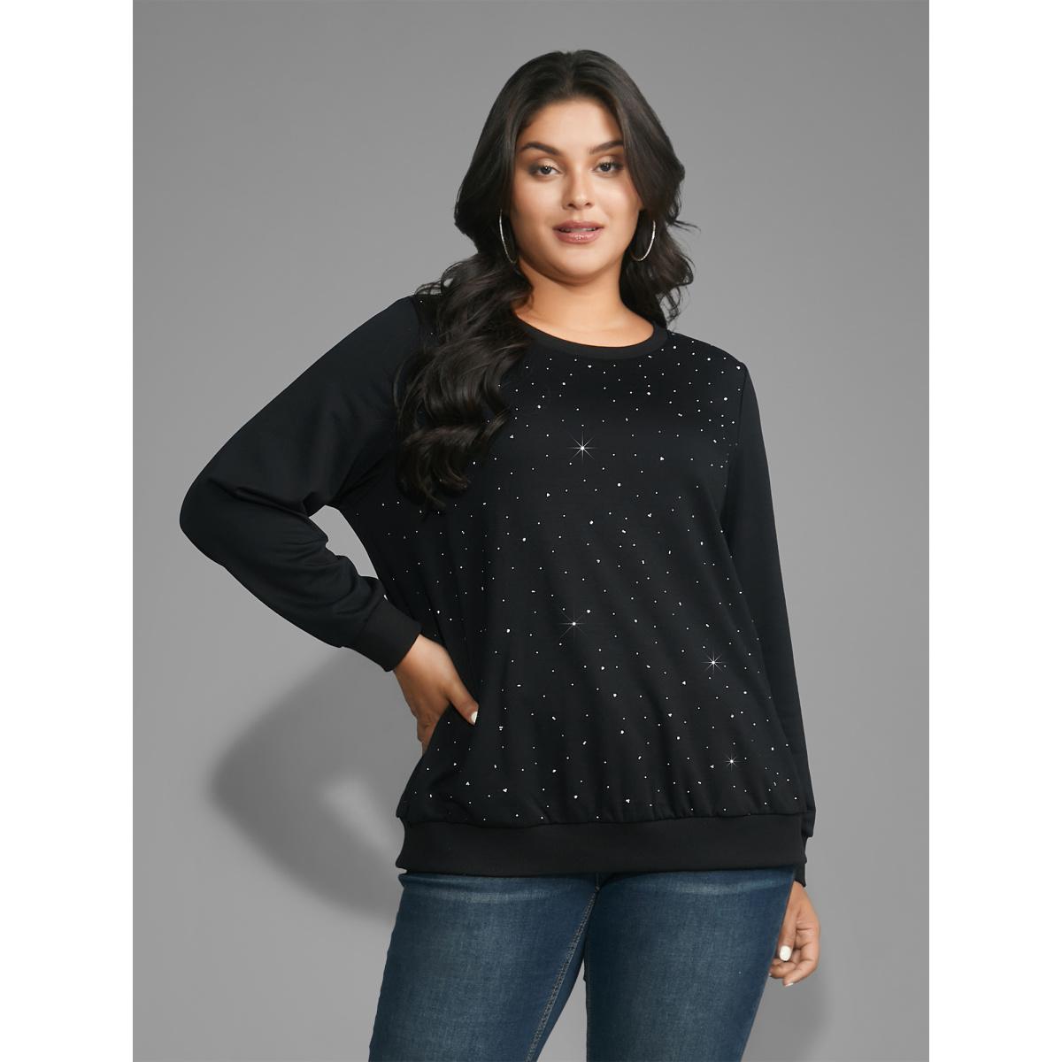 Plus Size Crew Neck Rhinestone Slightly Stretchy Sweatshirt Women Black Casual Rhinestone detailing Round Neck Everyday Sweatshirts BloomChic 12/L Product Image