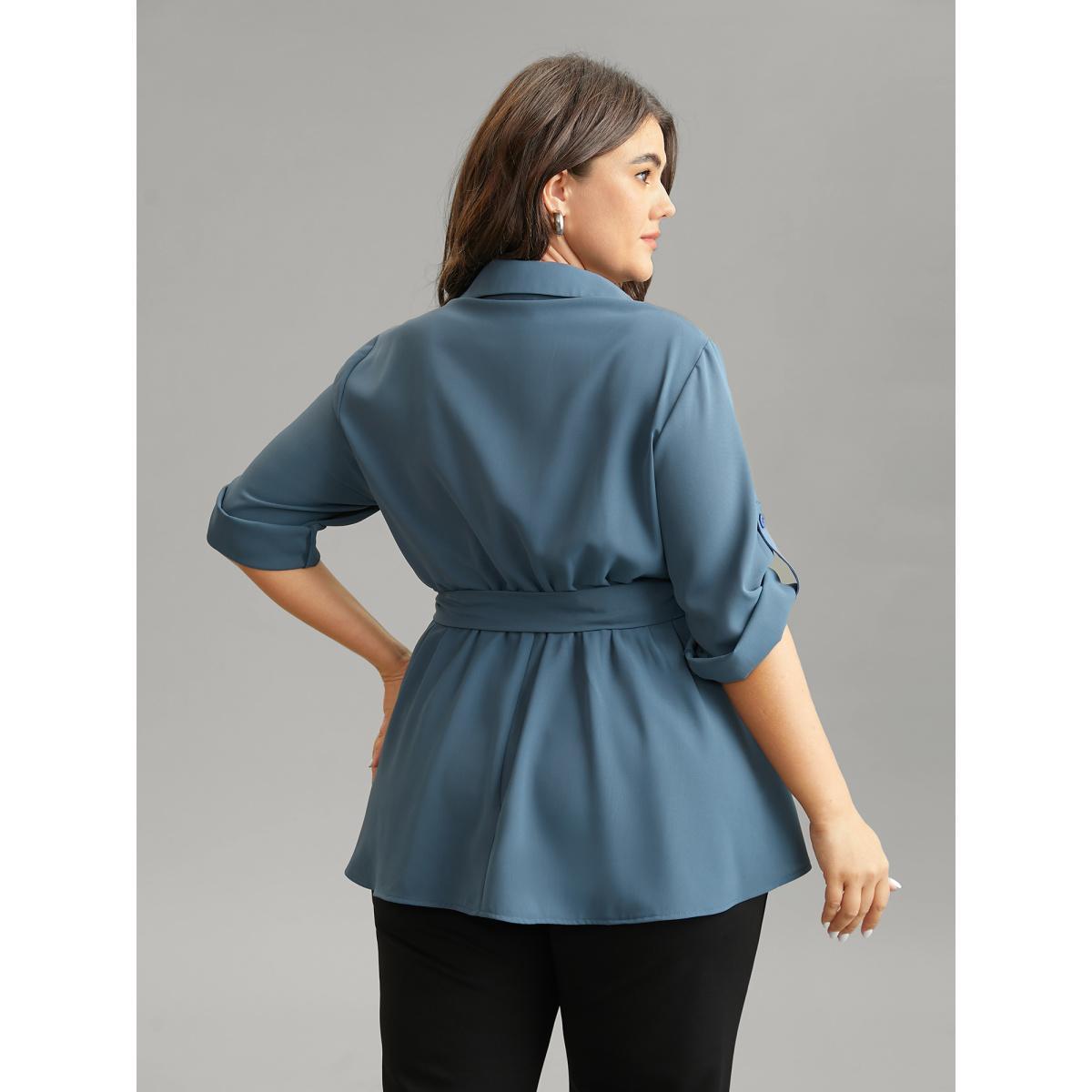 Plus Size Stone Static-Free Laser Cut Belted Scalloped Trim Blouse Women Office Long Sleeve Shirt collar Office Blouses BloomChic 10/M Product Image