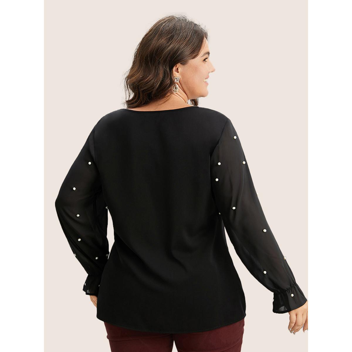Plus Size Black Pearl Beaded Mesh Patchwork Ruffles Blouse Women Timeless Long Sleeve V-neck Elegant Blouses BloomChic 12/L Product Image