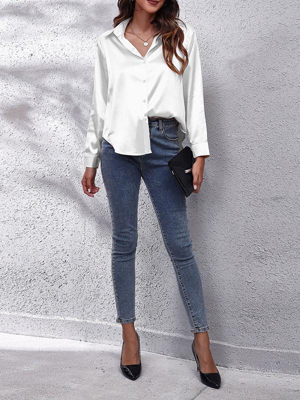 Long Sleeves Loose Solid Color Lapel Blouses Product Image