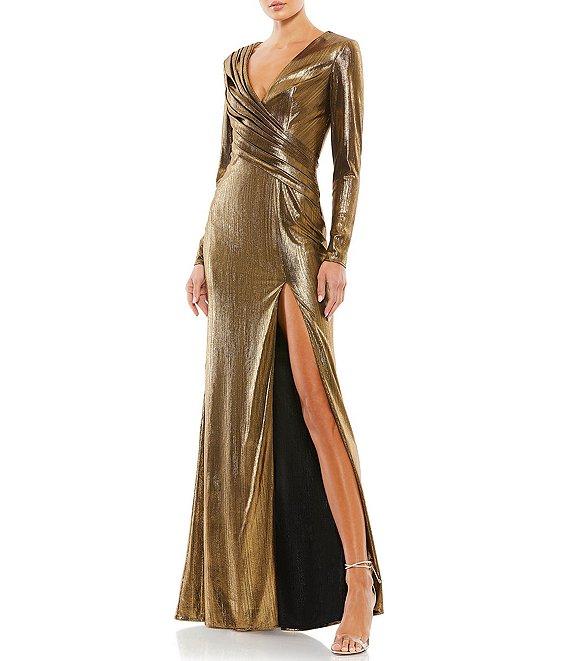 Mac Duggal Metallic Long Sleeve Asymmetrical Drape Ruched Sheath Gown Product Image