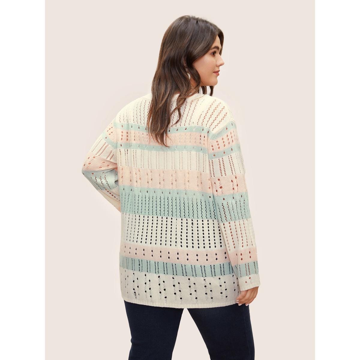 Plus Size Colorblock Contrast Cut Out Texture Pullover Ivory Women Casual Long Sleeve Round Neck Everyday Pullovers BloomChic 12/L Product Image