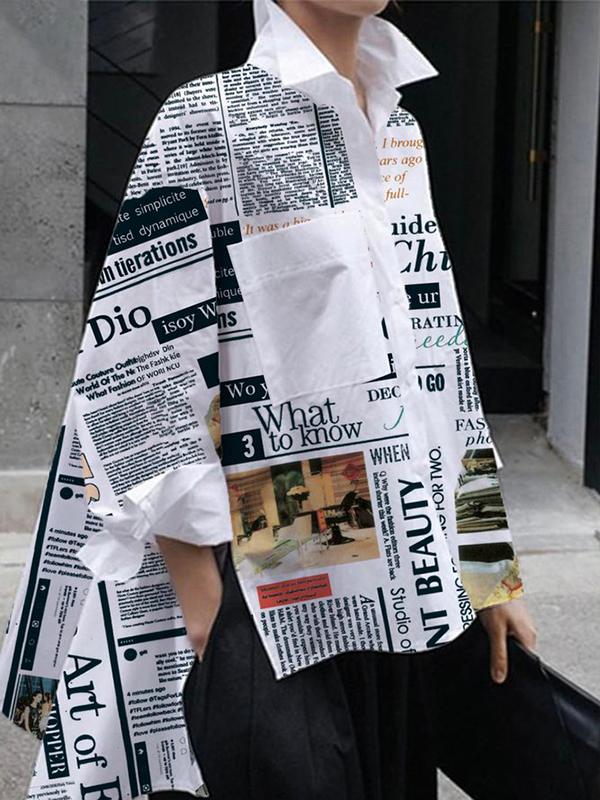 High-Low Long Sleeves Letter Print Pockets Split-Side Lapel Blouses Product Image