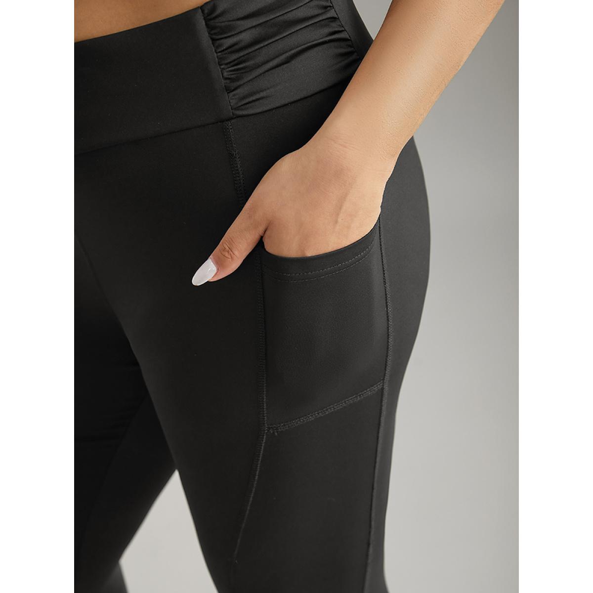 Plus Size Plain Ruched Side Pocket Wideband Waist Leggings Women Black Casual High stretch Skinny High Rise Dailywear Leggings BloomChic 14-16/1X Product Image