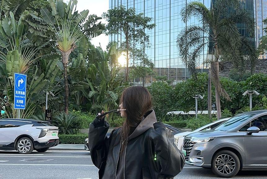 Plain Zip-Up Hoodie / Faux Leather Bomber Jacket Product Image