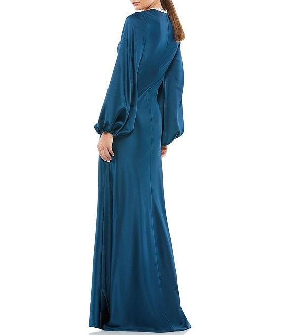 Mac Duggal Long Bishop Sleeve Beaded Crew Neck Satin Gown Product Image