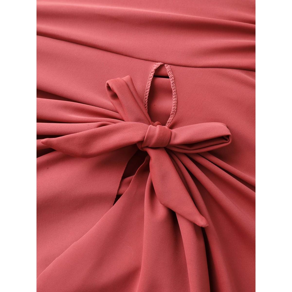 Plus Size Curved Hem Knotted Plain Swim Dress Women's Swimwear Rouge Beach Bodycon V-neck High stretch Curve Swim Dresses BloomChic 28/5X Product Image