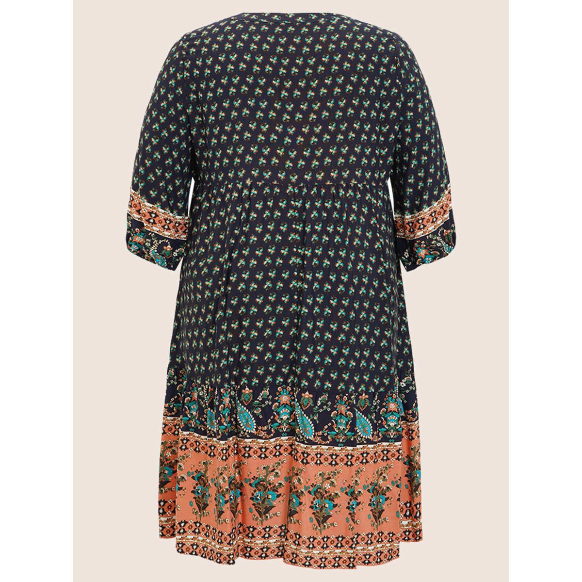 Plus Size Bandana Tassels Lantern Sleeve Ruffle Pocket Keyhole Neck Dress Indigo Women Resort V-neck Elbow-length sleeve Curvy Midi Dress BloomChic 14-16/1X Product Image