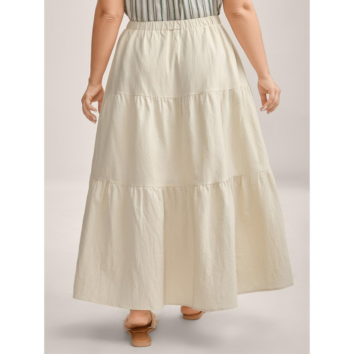 Plus Size Stretchy Waist Drawstring Tiered Maxi Skirt Women Originalwhite Resort Loose No stretch Side seam pocket Vacation Skirts BloomChic 12/L Product Image