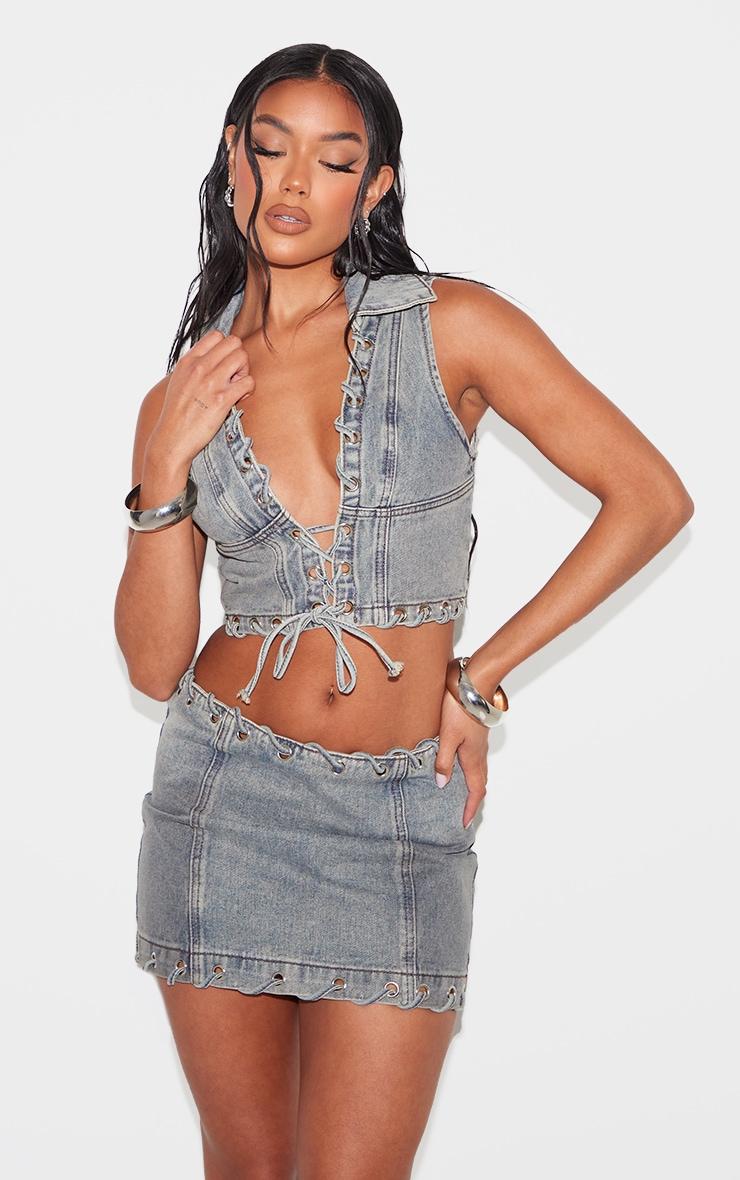 Vintage Denim Lace Up Detail Mini Skirt Product Image