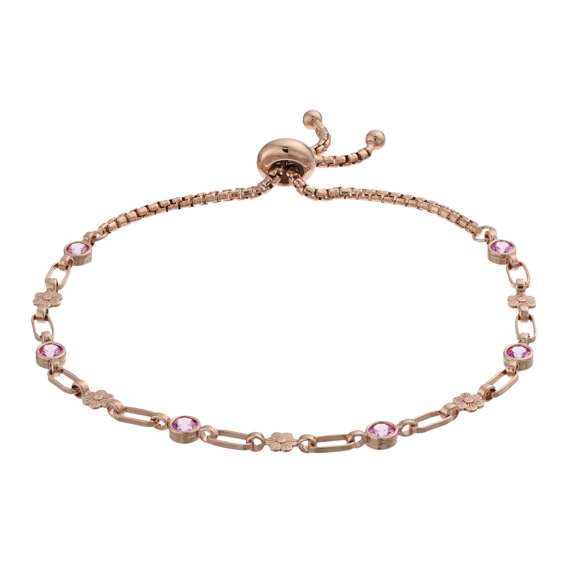 Kristen Kesho Sterling Silver Lab-Created Pink Sapphire & Flower Link Adjustable Bolo Bracelet, Women's, Size: 9.50, Pink Tone Product Image