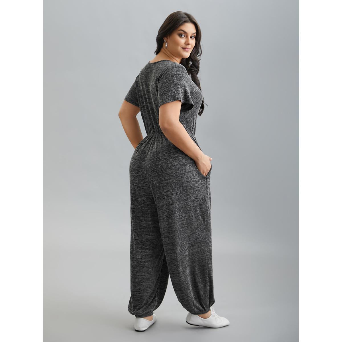 Plus Size DimGray Plain Wrap Drawstring Pocket Jumpsuit Women Leisure Short sleeve Overlap Collar Casual Loose Jumpsuits BloomChic 28/5X Product Image