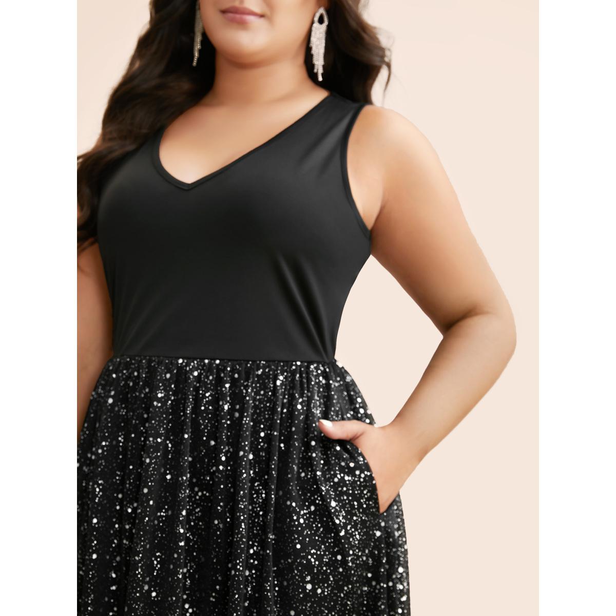 Plus Size V Neck Glitter Patchwork Tank Dress Black Women Cocktail Texture Party Curvy Bloomchic 26/4X Product Image