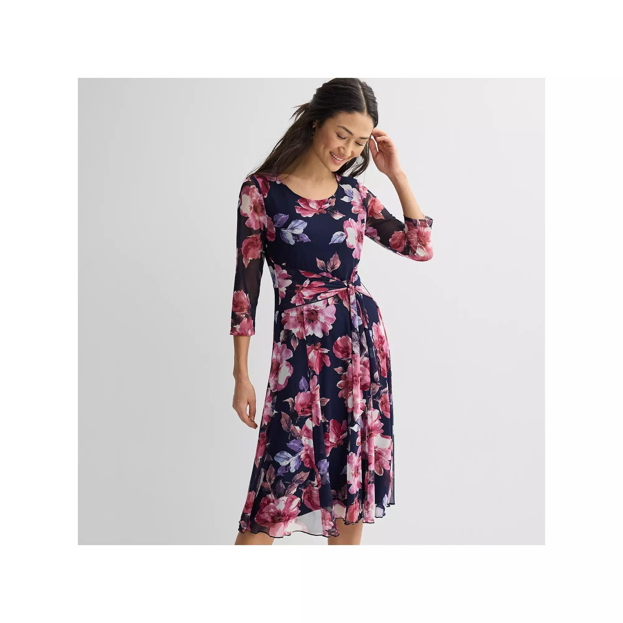Womens Studio Connection Floral 3/4-Sleeve Fit & Flare Midi Dress Pink Floral Product Image