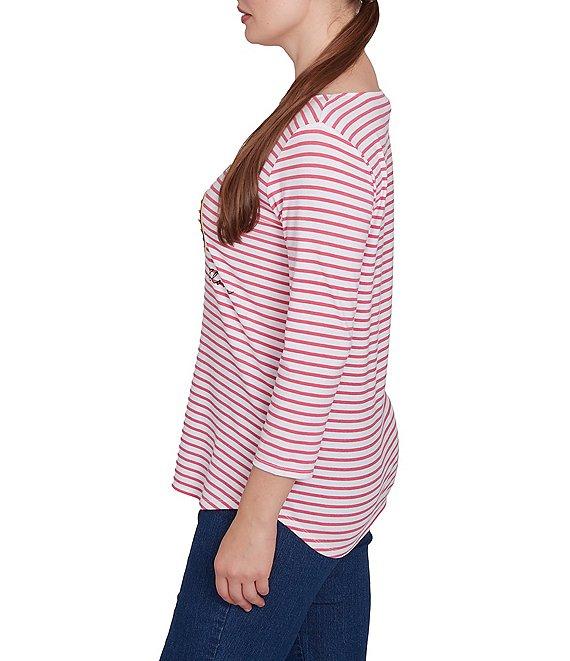 Ruby Rd. Knit Bicycle Floral Striped Crew Neck 3/4 Sleeve Knit Top Product Image
