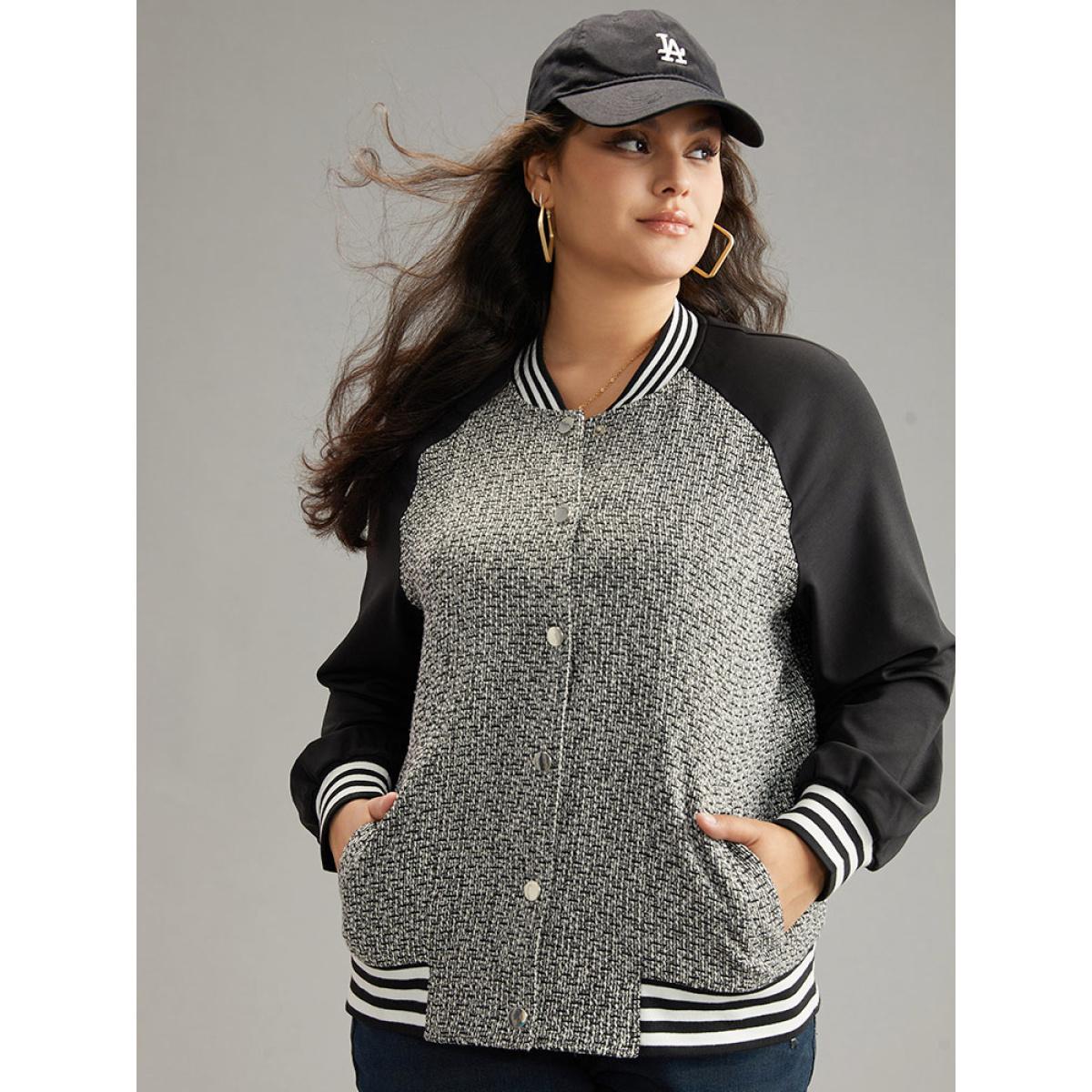 Plus Size Texture Patchwork Contrast Striped Button Up Jacket Women Black Elastic cuffs Pocket Everyday Jackets BloomChic 10/M Product Image