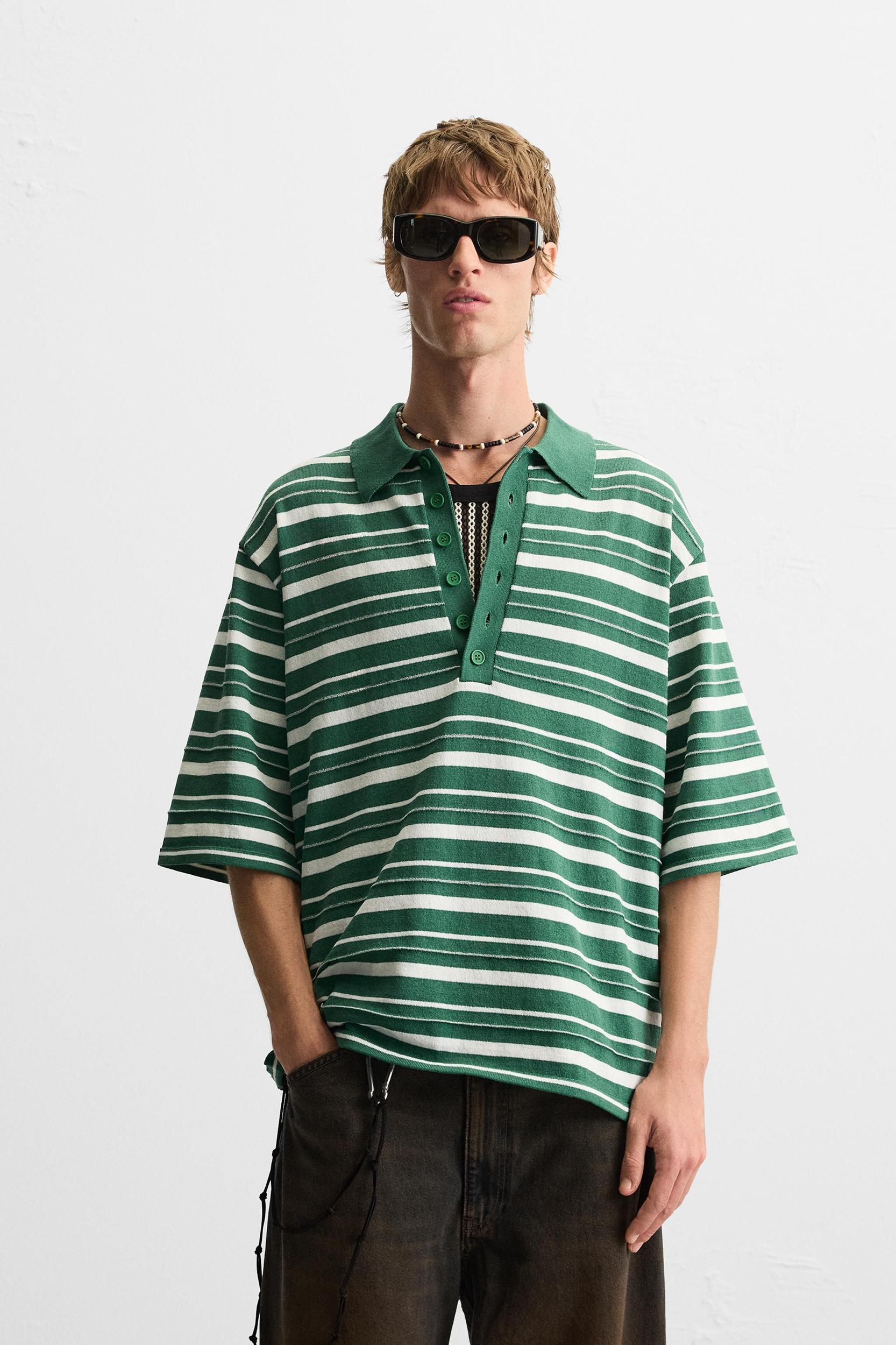 STRIPED TEXTURED KNIT POLO SHIRT Product Image