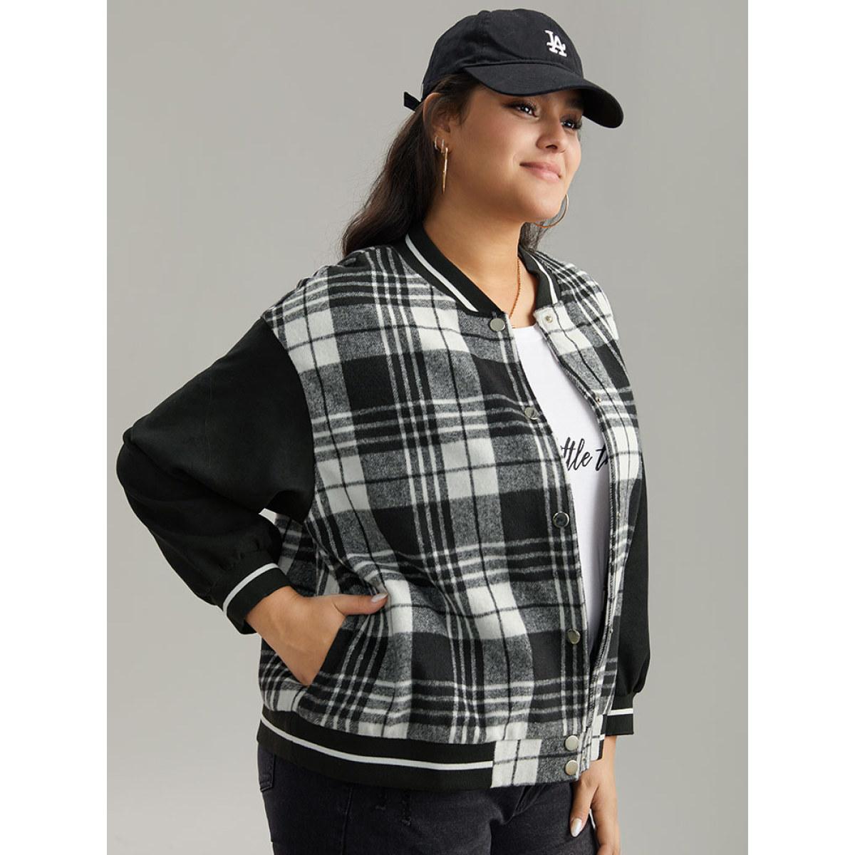 Plus Size Plaid Button Through Pocket Baseball Collar Bomber Jacket Women Black Elastic cuffs Pocket Dailywear Jackets BloomChic 12/L Product Image