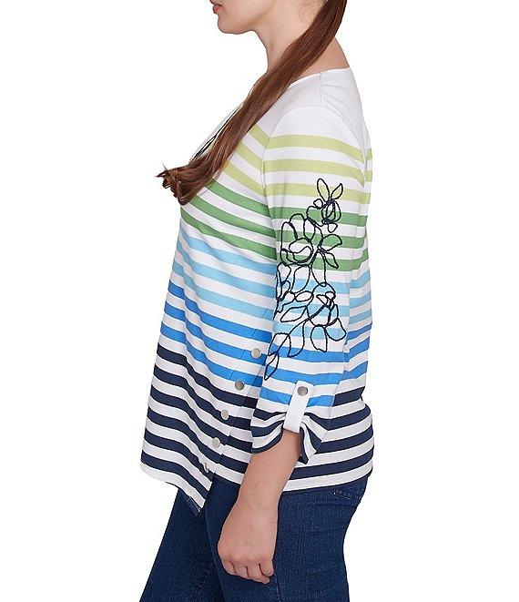 Ruby Rd. Petite Size Mixed Color Stripe Soft Knit Floral Embroidered Detail Scoop Neck 3/4 Sleeve Top Product Image
