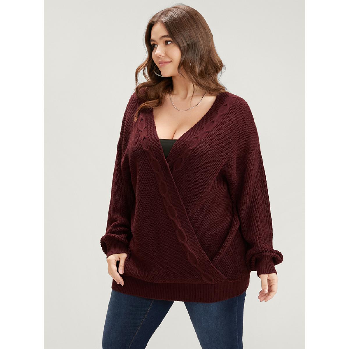 Plus Size Solid Pointelle Knit Surplice Neck Cable Knit Top Scarlet Women Elegant Loose Long Sleeve Overlap Collar Dailywear Pullovers BloomChic 12/L Product Image