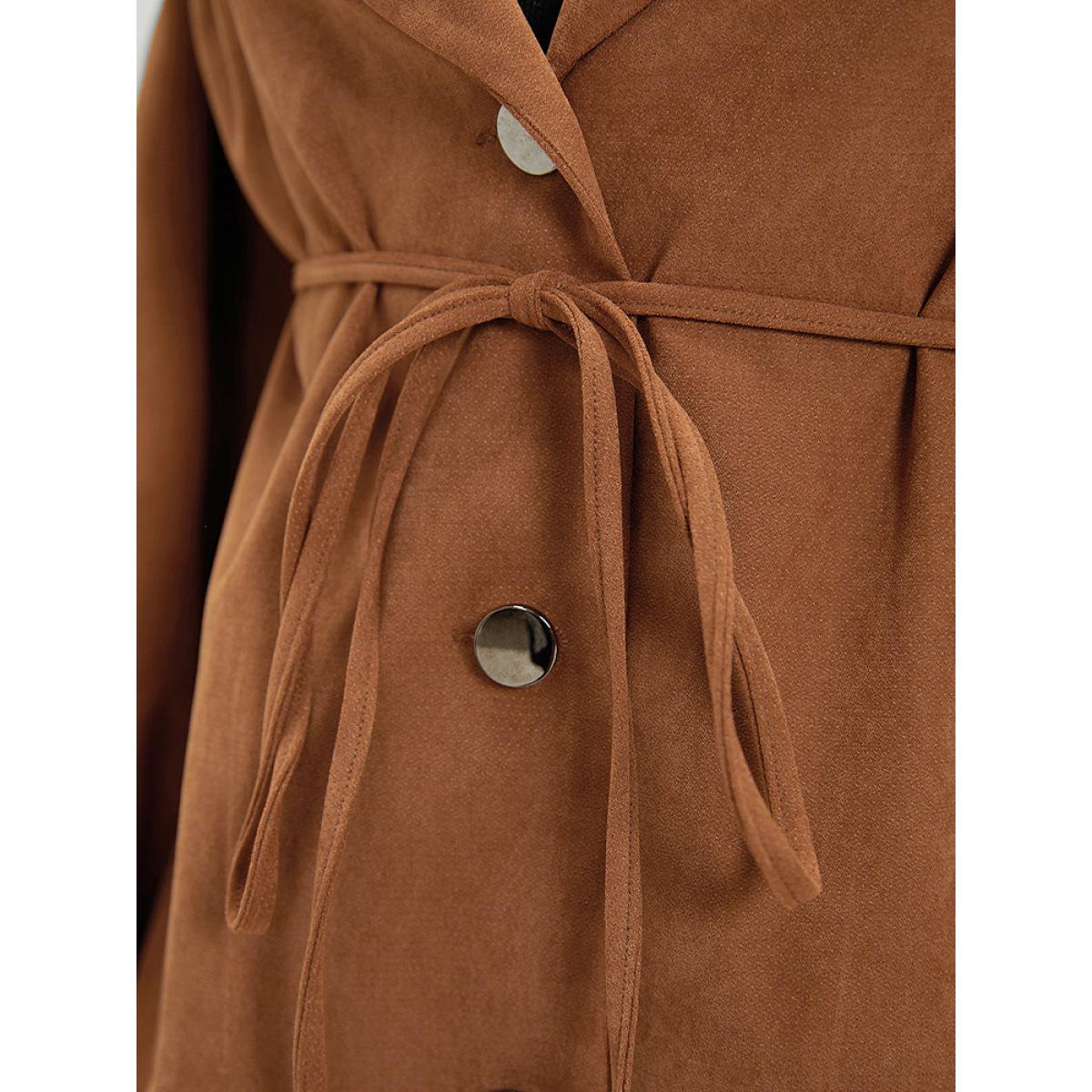 Plus Size Plain Corduroy Belted Bowknot Roll Tab Sleeve Coat Women Bronze Casual Plain Ladies Dailywear Winter Coats BloomChic 12/L Product Image