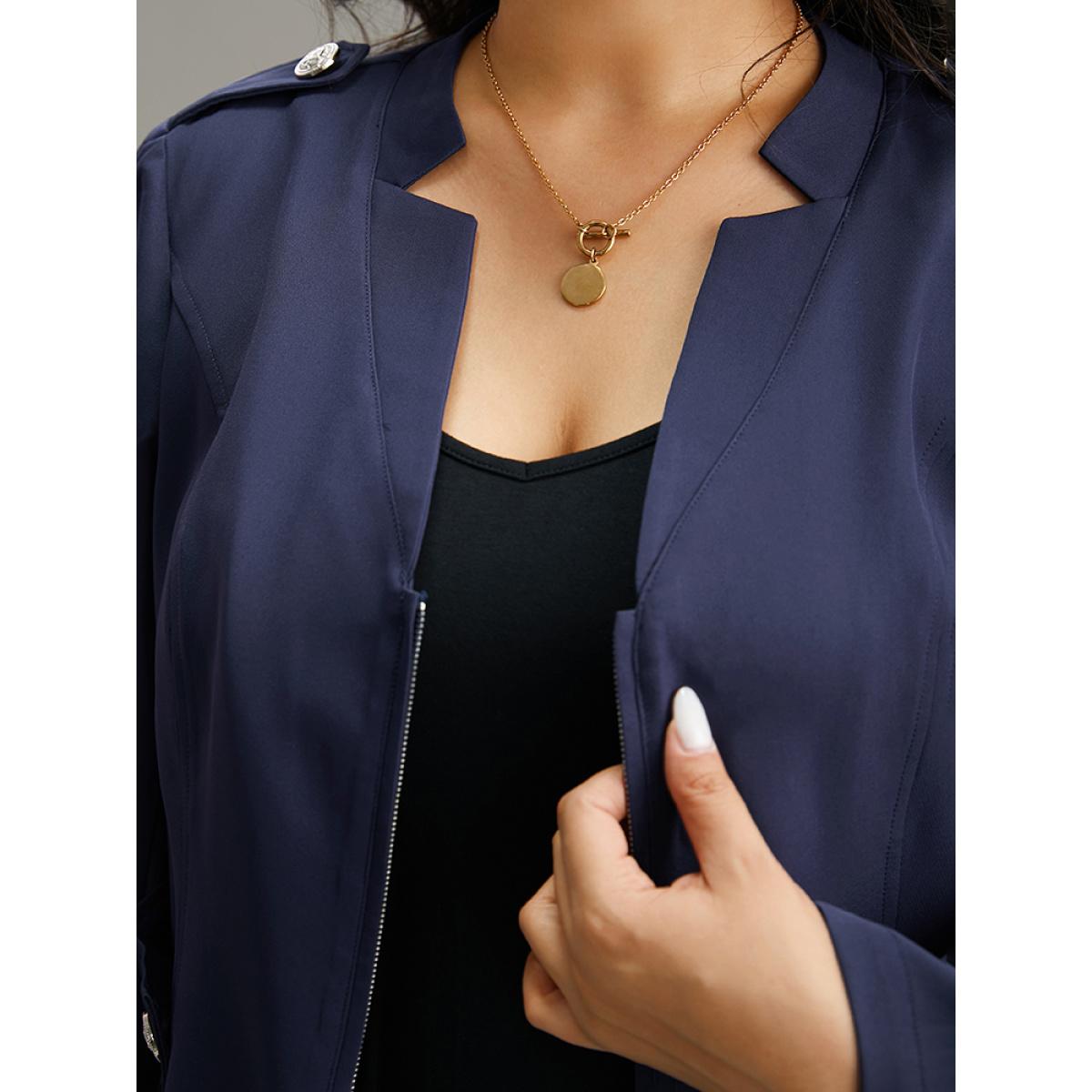 Plus Size Plain Button Detail Notched Zipper Blazer Indigo Women Office Plain Plain Sleeve Long Sleeve Notched collar 22-24/3X At the Office Blazers BloomChic Product Image