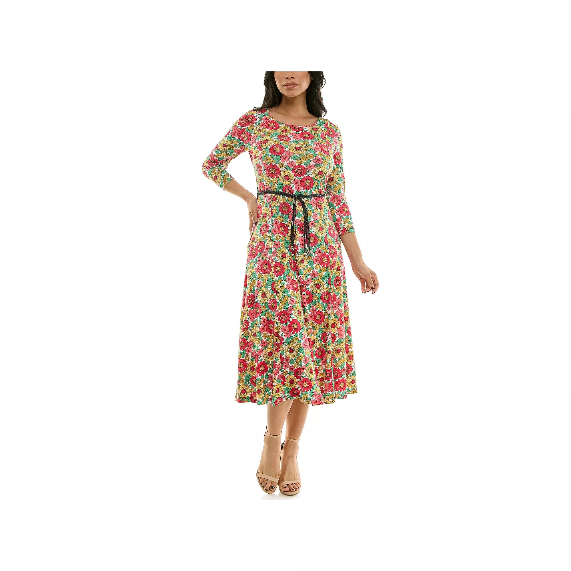 Women's Nina Leonard Sylvia Three-Quarter Sleeve Belted Midi Dress,  Product Image