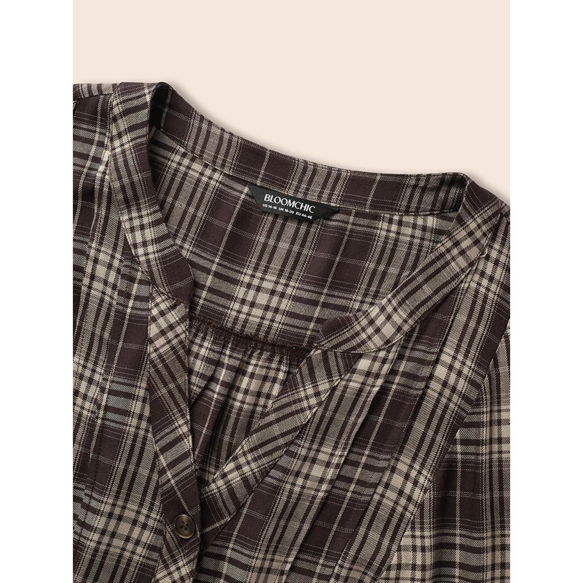 Plus Size DarkBrown Plaid Pleated Button Placket Blouse Women Elegant Elbow-length sleeve Flat collar with V-notch Everyday Blouses BloomChic 22-24/3X Product Image