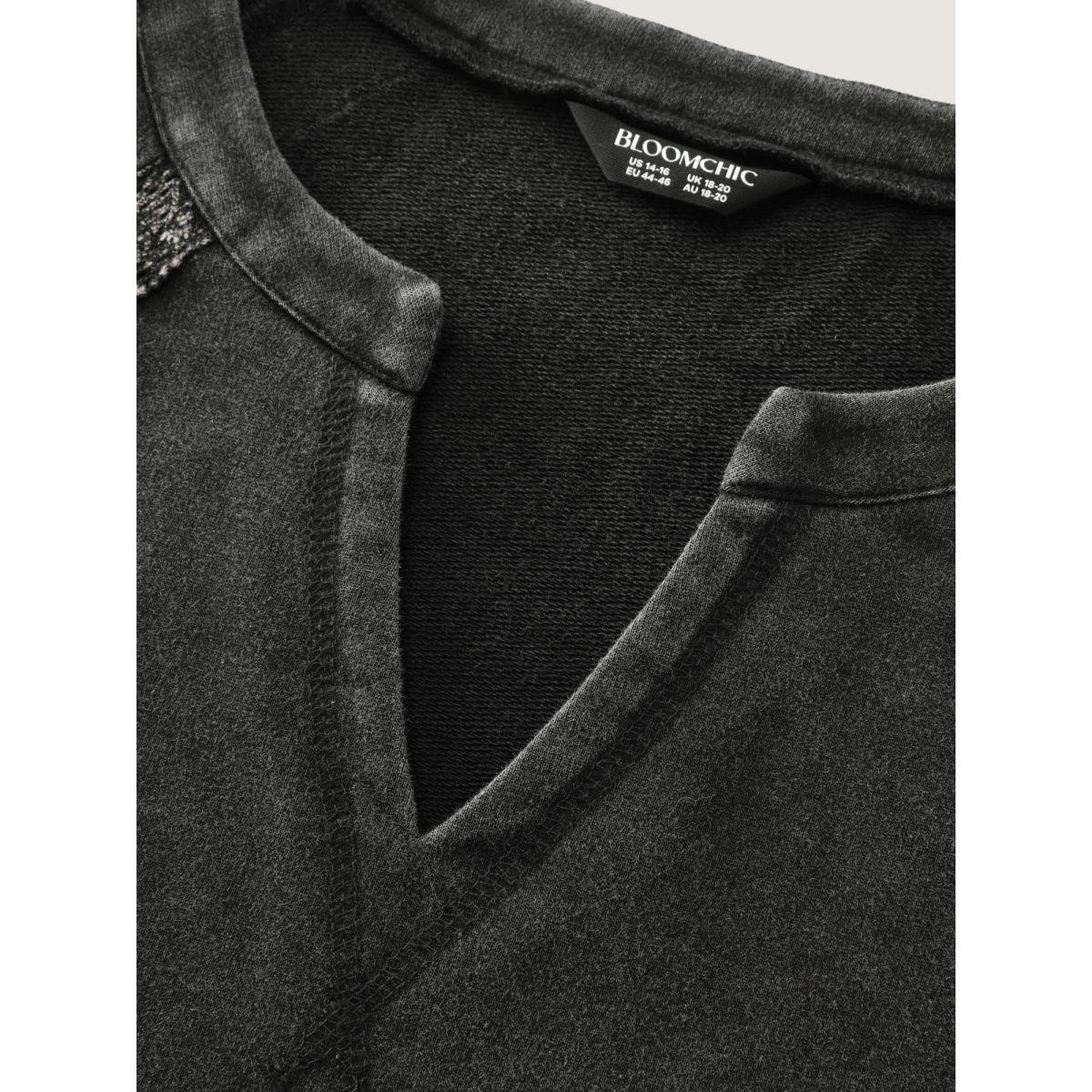 Plus Size Pure Cotton Vintage Lace Trim Sweatshirt Women Black Leisure Woven ribbon&lace trim Notched collar Casual Sweatshirts BloomChic 18-20/2X Product Image