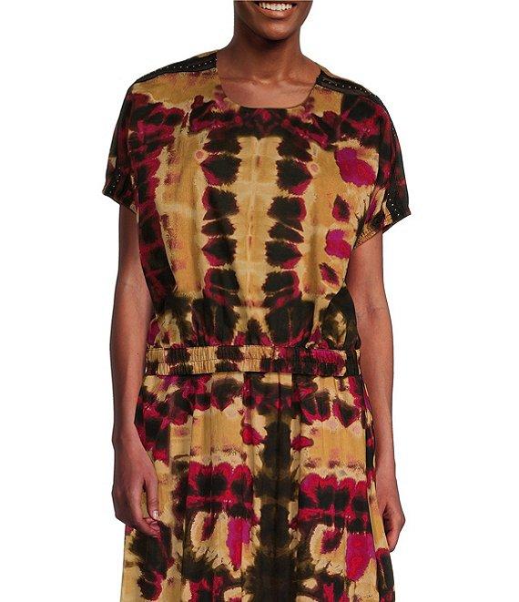 DKNY by Donna Karan Printed Cotton Voile Studded Mesh Crew Neckline Coordinating Short Sleeve Top Product Image