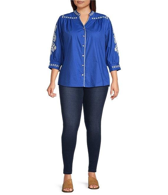 Calessa Plus Size Woven Embroidered Split V-Neck 3/4 Sleeve Button-Front Tunic Product Image