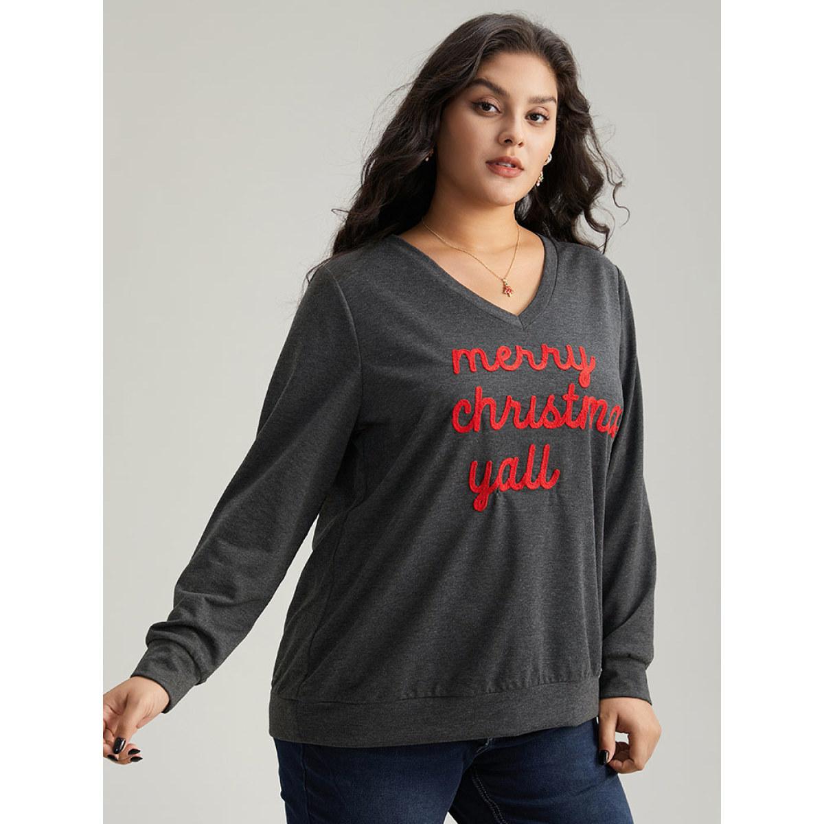 Plus Size Christmas Letter V Neck Sweatshirt Women DimGray Casual Contrast Festival-Christmas Sweatshirts BloomChic 10/M Product Image