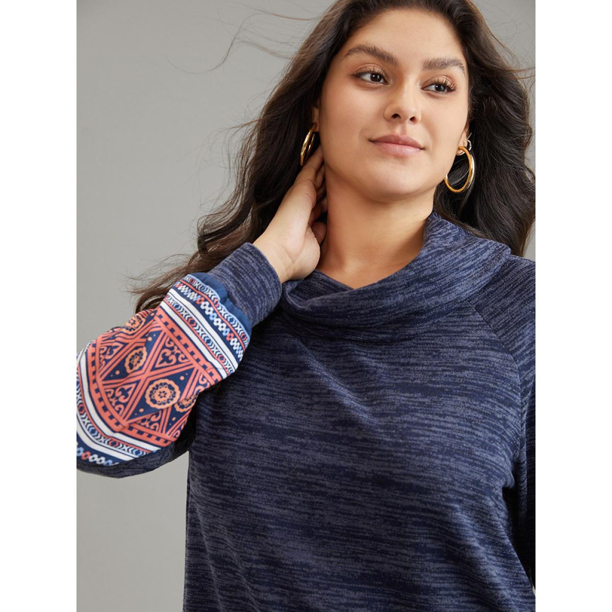 Plus Size Heather Boho Print Raglan Sleeve Turtleneck Sweatshirt Women Blue Casual Heather Turtleneck Dailywear Sweatshirts BloomChic 30/6X Product Image