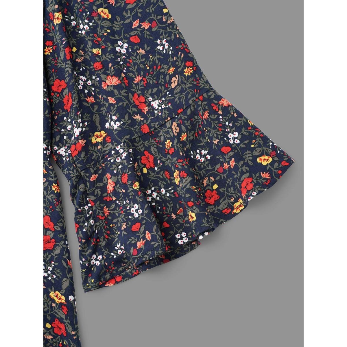 Plus Size Indigo V-Neck Floral Print Lace Hem Blouse Women Elegant Elbow-length sleeve V-neck Everyday Blouses BloomChic 14-16/1X Product Image